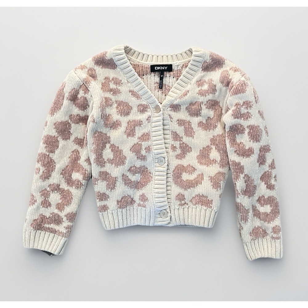 DKNY Girls 4T Leopard Print Chenille Knit Cardigan Sweater Fuzzy Beige‎ Pink Top